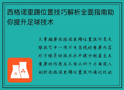 西格诺里踢位置技巧解析全面指南助你提升足球技术