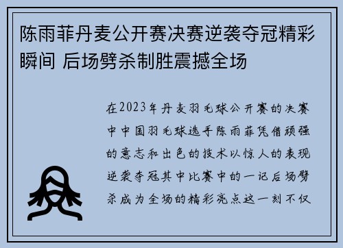 陈雨菲丹麦公开赛决赛逆袭夺冠精彩瞬间 后场劈杀制胜震撼全场 陈雨菲丹麦公开赛决赛逆袭夺冠精彩瞬间 后场劈杀制胜震撼全场